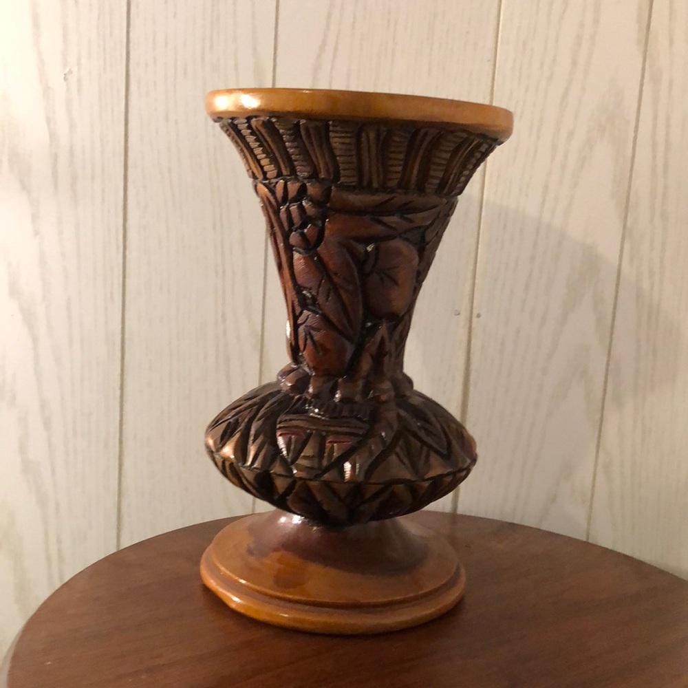 Caribbean art hand carved wood vase